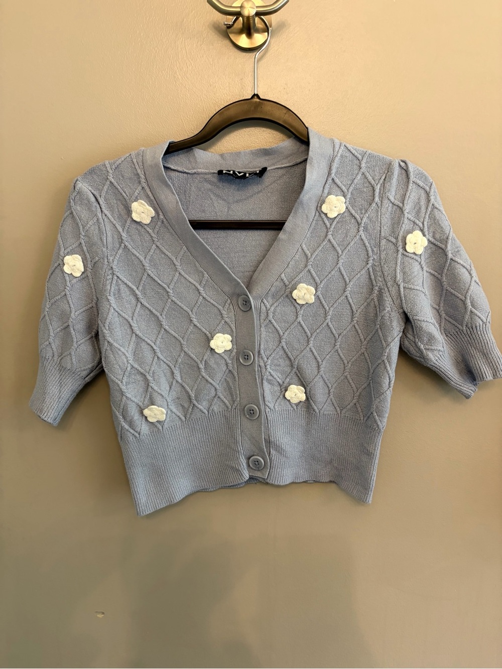 NVLT light blue  button-front cardigan 3D white crochet flower appliqué XS